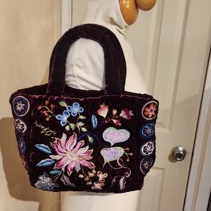 Johnny Was Purple Velvet Tote with Floral Embroidery